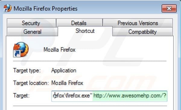 Removing awesomehp.com from Mozilla Firefox shortcut target step 2