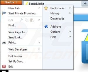 Removing Bettermarkit from Mozilla Firefox extensions step 1