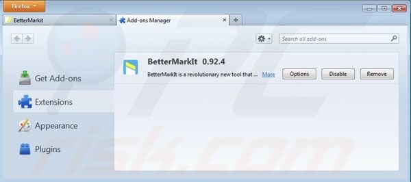 Removing Bettermarkit from Mozilla Firefox extensions step 2