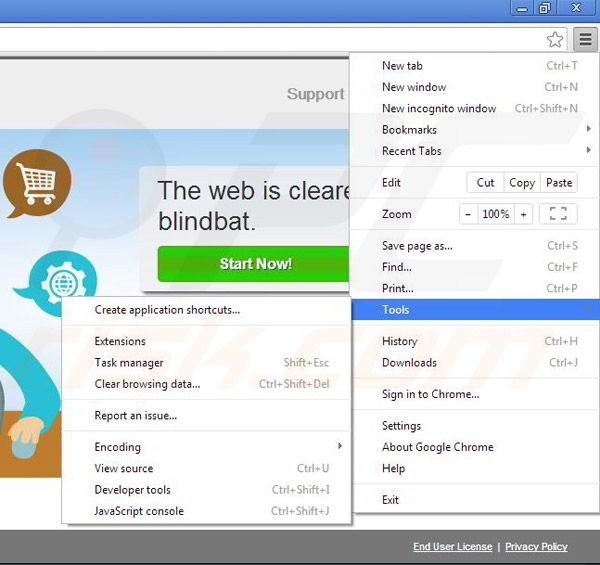 Removing Blindbat from Google Chrome step 1