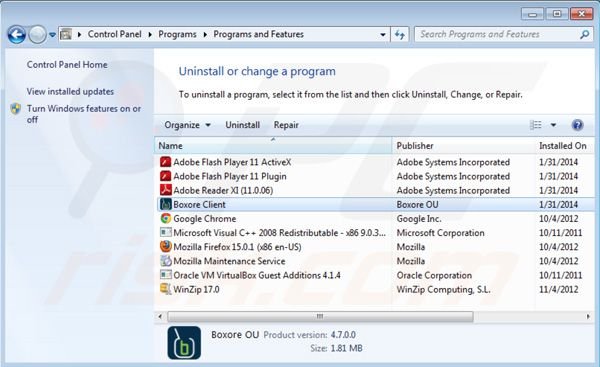 Boxore uninstall using Control Panel
