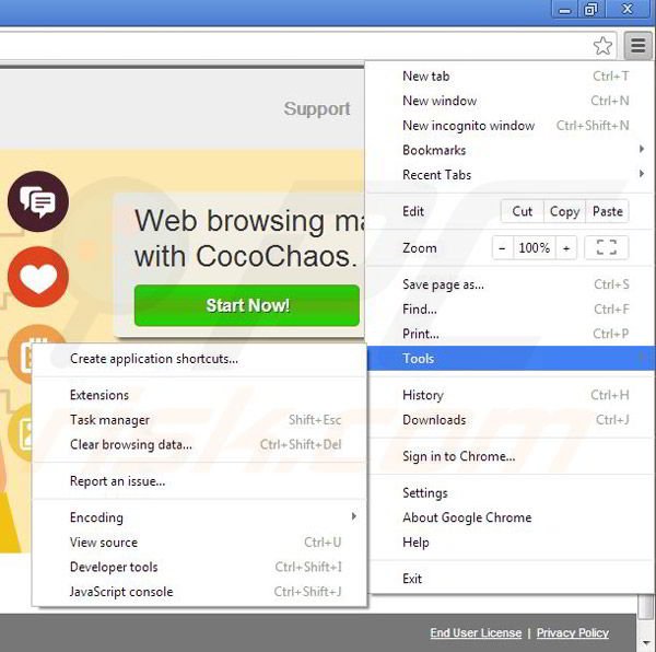 Removing CocoChaos from Google Chrome step 1