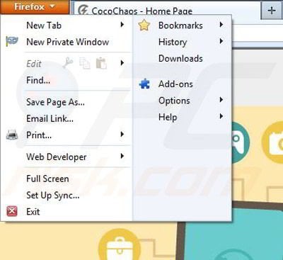 Removing CocoChaos from Mozilla Firefox step 1