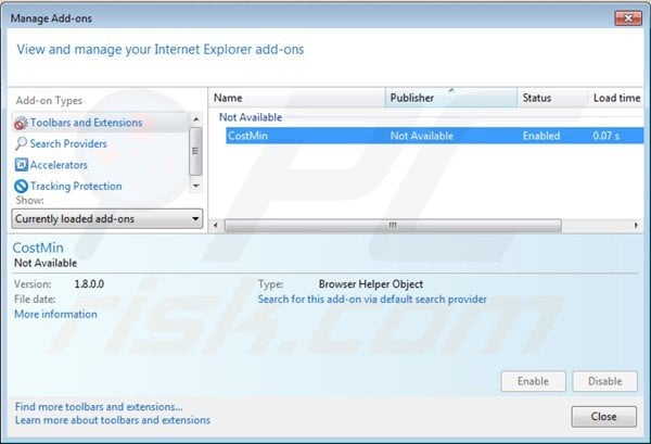 Removing costmin from Internet Explorer extensions step 2