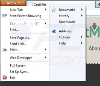 Removing costmin from Mozilla Firefox extensions step 1