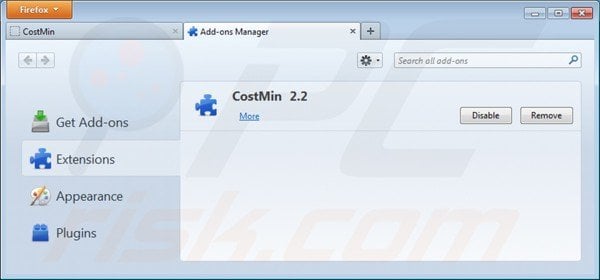 Removing costmin from Mozilla Firefox extensions step 2