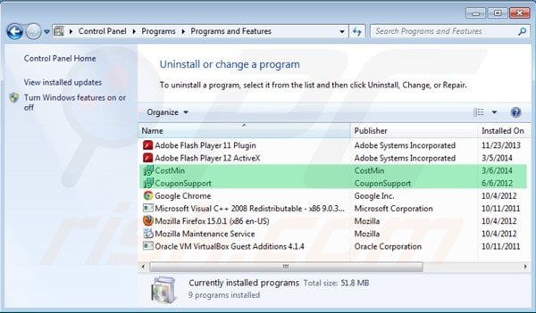 Costmin uninstall via Control Panel