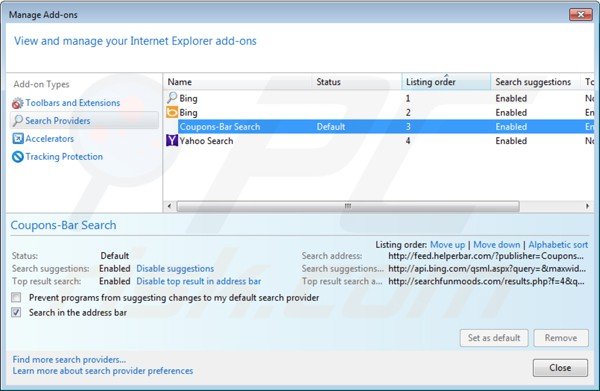 Removing search.coupons-bar.com from Internet Explorer default search engine settings
