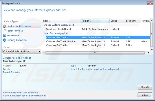 Removing search.coupons-bar.com from Internet Explorer extensions step 2