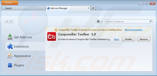 Removing search.coupons-bar.com from Mozilla Firefox extensions step 2