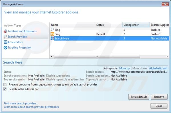 Removing default tab virus from Internet Explorer default search engine settings