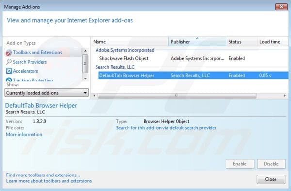 Removing default tab virus from Internet Explorer extensions