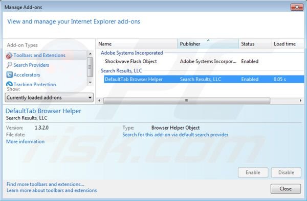 Removing default tab virus from Internet Explorer extensions