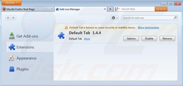 Removing Default tab virus from Mozila Firefox extensions