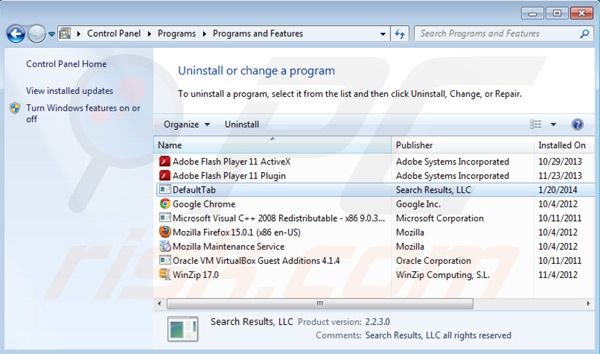 Default tab virus uninstall from Control Panel