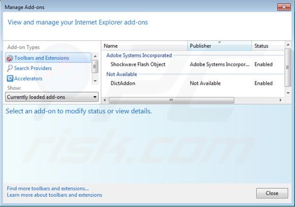 Removing Dictaddon from Internet Explorer step 2