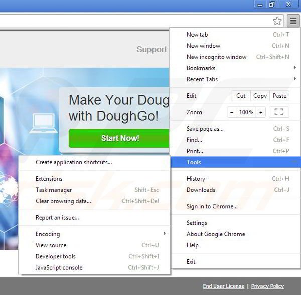 Removing DoughGo from Google Chrome step 1