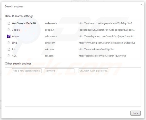 Removing websearch.exitingsearch.info from Google Chrome default search engine settings