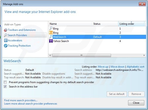 Removing websearch.exitingsearch.info from Internet Explorer default search engine settings