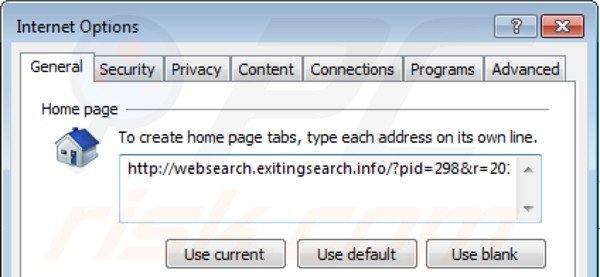 Removing websearch.exitingsearch.info from Internet Explorer homepage