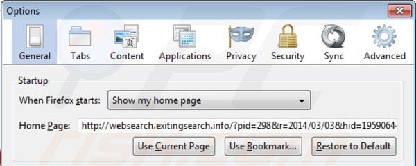 Removing websearch.exitingsearch.info from Mozilla Firefox homepage