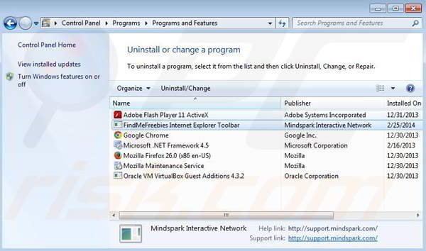 Removing FindMeFreebies Toolbar via control panel