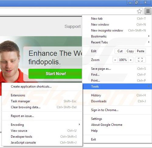 Removing Findopolis Ads from Google Chrome step 1
