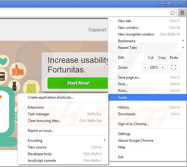 Removing Fortunitas from Google Chrome step 1