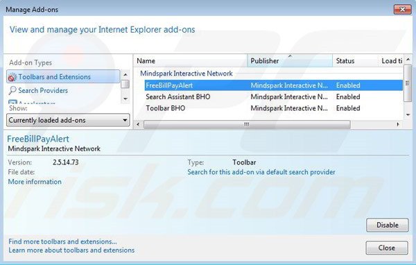 Removing Freebillpayalert toolbar from Internet Explorer extensions