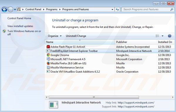 Freebillpayalert toolbar uninstall using Control Panel