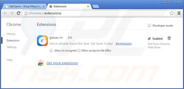 Removing Getsav-in ads from Google Chrome step 2