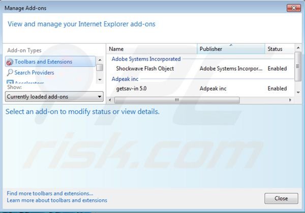 Removing Getsav-in ads from Internet Explorer step 2