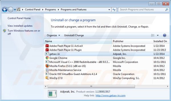 Getsav-in ads uninstall using Control Panel