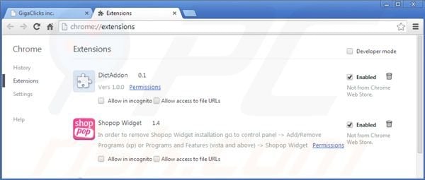 Removing Gigaclicks Crawler from Google Chrome step 2