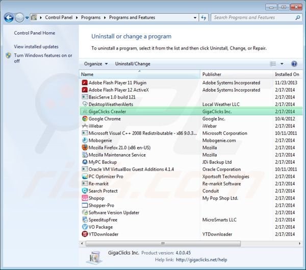 Gigaclicks Crawler uninstall using Control Panel