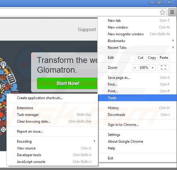 Removing Glomatron from Google Chrome step 1