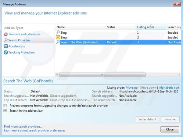 Removing Gophoto.it from Internet Explorer default search engine settings