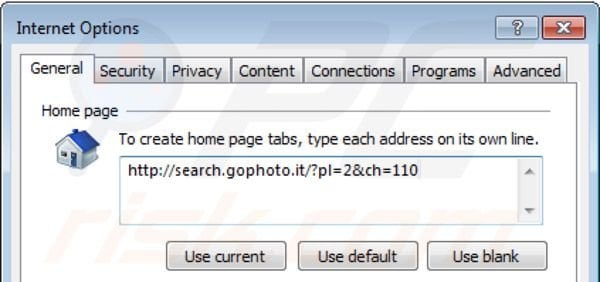 Removing gophoto.it from Internet Explorer homepage