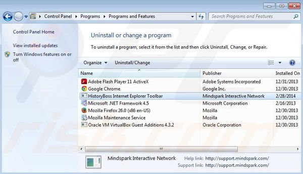 Removing HistoryBoss toolbar via control panel