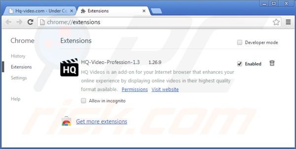 Removing HQ Video Professional from Google Chrome step 2