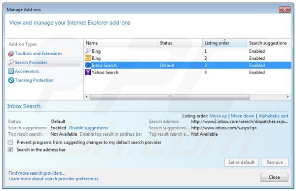 Removing inbox.com from Internet Explorer default search engine settings