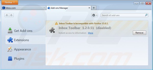 Removing inbox toolbar from Mozilla Firefox extensions