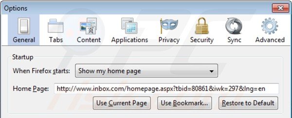 Removing inbox.com from Mozilla Firefox homepage