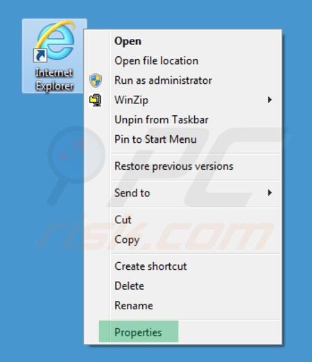 Removing inspsearch.com redirect virus from Internet Explorer shortcut target step 1