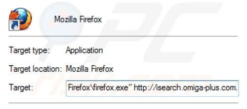 Removing inspsearch.com redirect virus from Mozilla Firefox shortcut target step 2