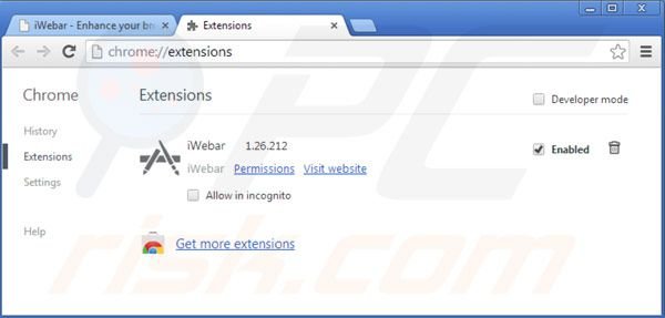 Removing iWebar from Google Chrome step 2