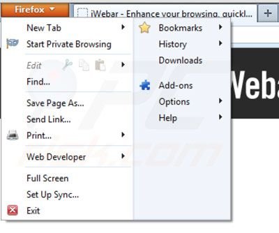 Removing iWebar from Mozilla Firefox step 1