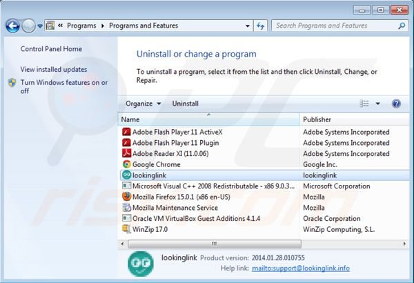 Lookinglink uninstall using Control Panel