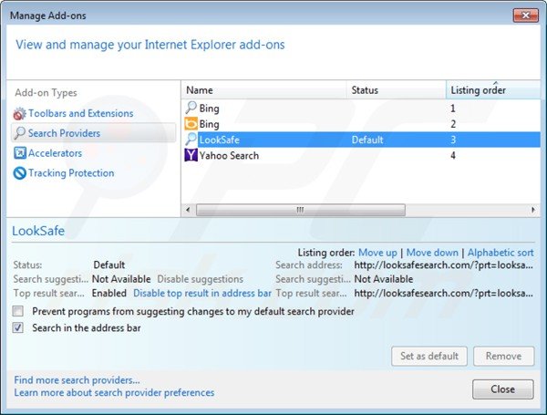 Removing looksafesearch.com from Internet Explorer default search engine settings