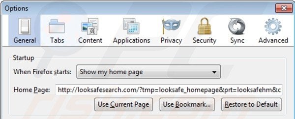 Removing looksafesearch.com from Mozilla Firefox homepage